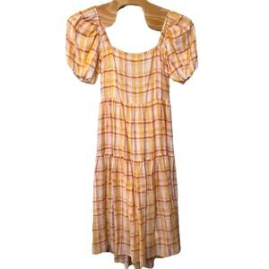 ASTR Llana Orange Yellow Plaid Tiered Midi‎ Dress Puff Sleeve Large Boho Cottage